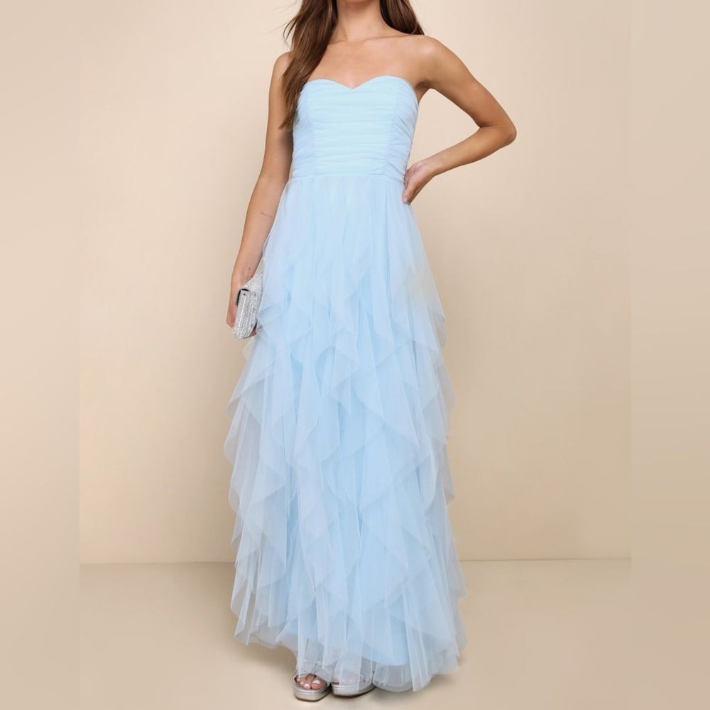 NWT Lulus Delightful Beauty Blue Mesh Strapless Ruched Ruffled Maxi Dress Size L - Picture 2 of 12